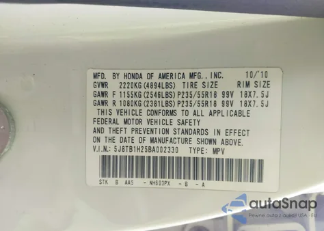 2011 Acura Rdx from USA, damaged, VIN 5J8TB1H25BA002330